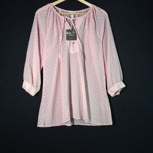 Matilda Jane Ari‎ Tunic Blouse Swiss Dot Sheer 3/4 Sleeve Button Pink Size M NWT